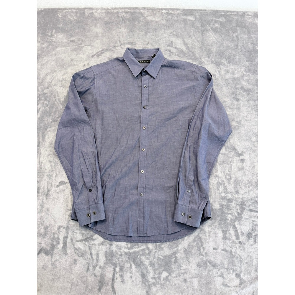 Theory Men's Button Down Shirt Zack PS NE Cotton Blue Long Sleeve Slim Fit Small